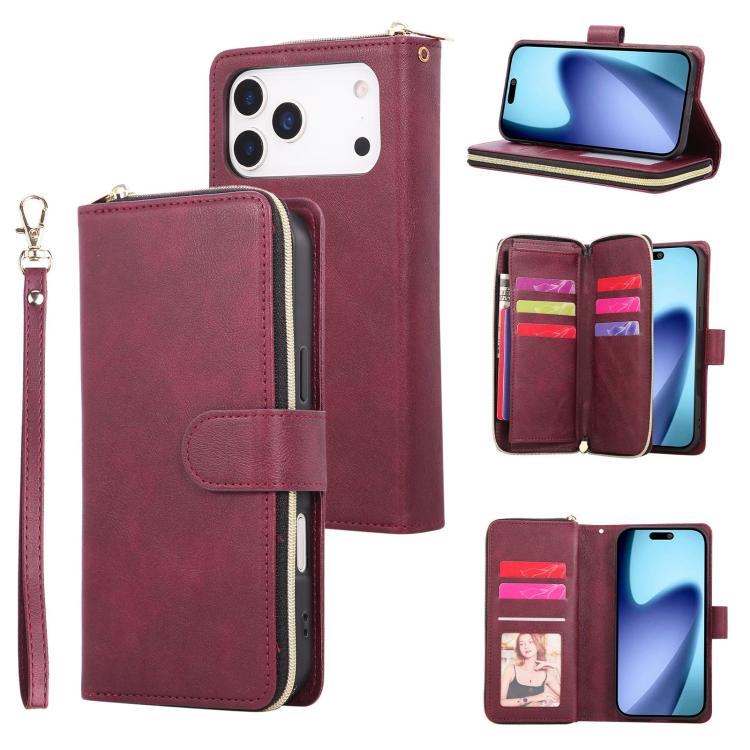 9 Card Slots Zipper Wallet Bag Leather Phone Case, For iPhone 17 Pro Max����������...