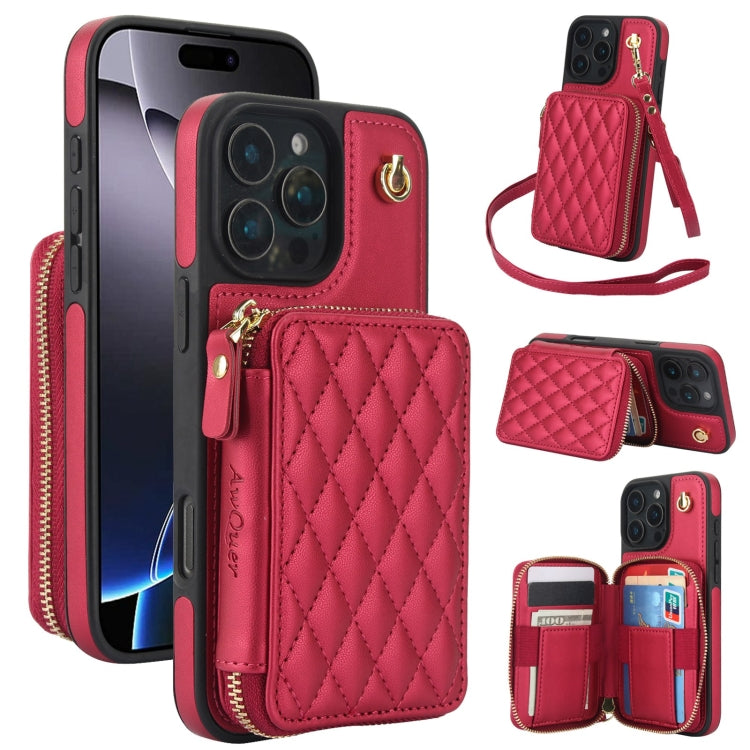 AwQuer Crossbody Zipper Wallet Rhombic Leather Back Phone Case, For iPhone 17 Pro ...