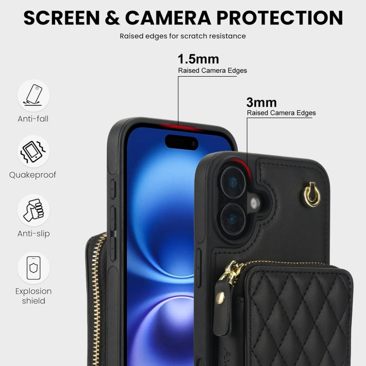 AwQuer Crossbody Zipper Wallet Rhombic Leather Back Phone Case, For iPhone 16 Plus...