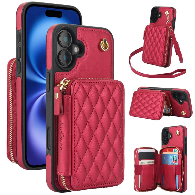 AwQuer Crossbody Zipper Wallet Rhombic Leather Back Phone Case, For iPhone 16 Plus...