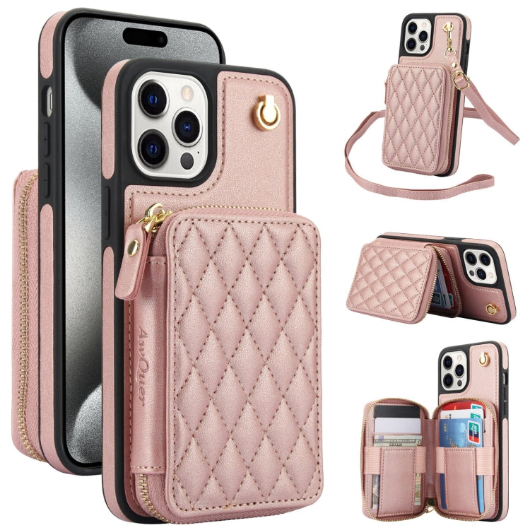 AwQuer Crossbody Zipper Wallet Rhombic Leather Back Phone Case, For iPhone 16 Plus...