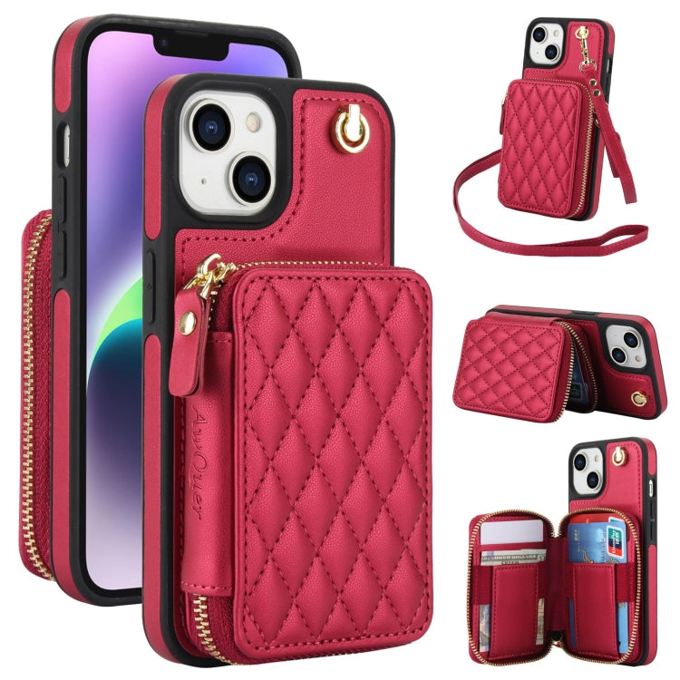 AwQuer Crossbody Zipper Wallet Rhombic Leather Back Phone Case, For iPhone 16 Plus...