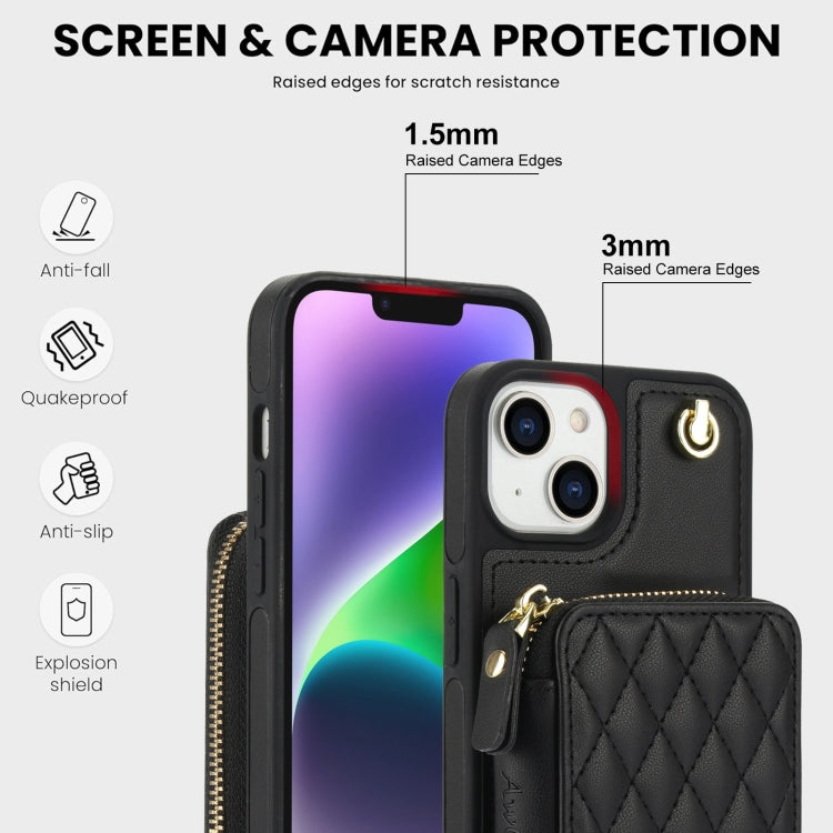 AwQuer Crossbody Zipper Wallet Rhombic Leather Back Phone Case, For iPhone 14 Plus...