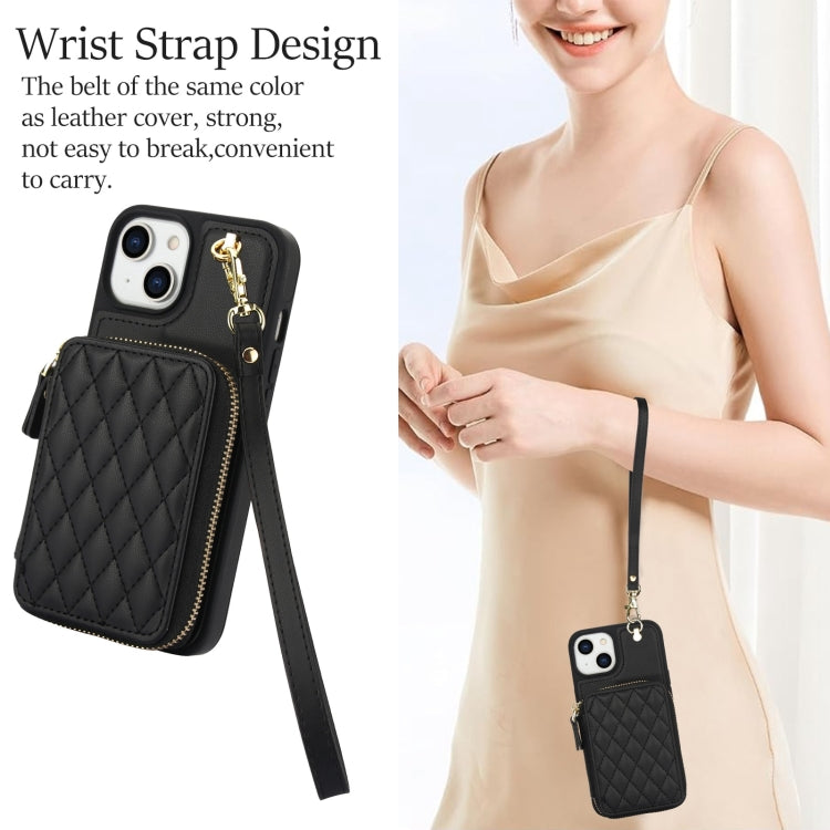 AwQuer Crossbody Zipper Wallet Rhombic Leather Back Phone Case, For iPhone 14 Plus...