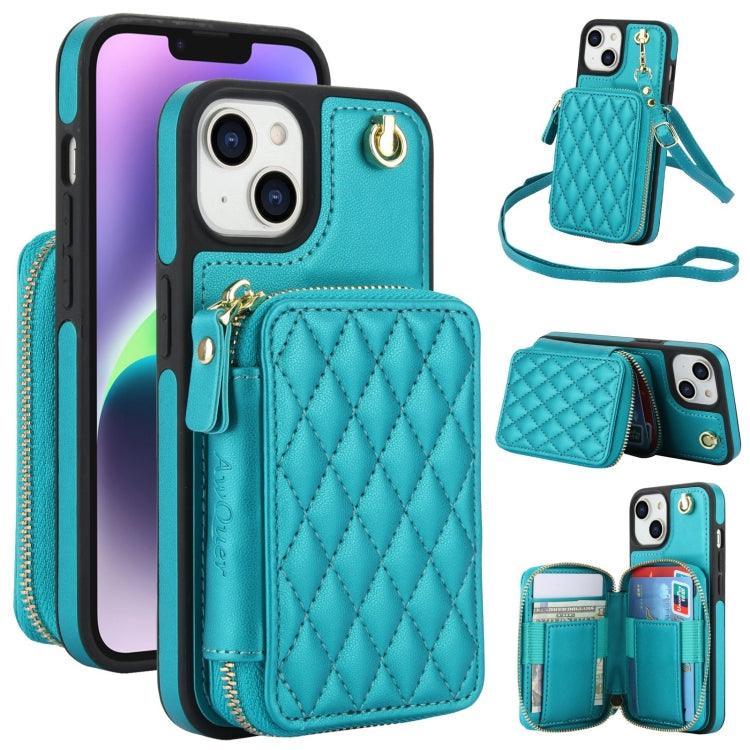 AwQuer Crossbody Zipper Wallet Rhombic Leather Back Phone Case, For iPhone 14 Plus...