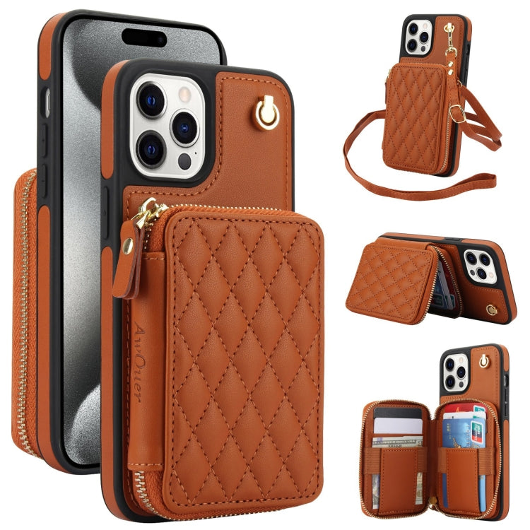 AwQuer Crossbody Zipper Wallet Rhombic Leather Back Phone Case, For iPhone 14 Plus...