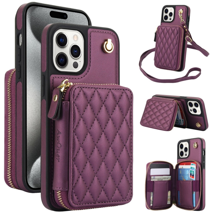 AwQuer Crossbody Zipper Wallet Rhombic Leather Back Phone Case, For iPhone 14 Plus...