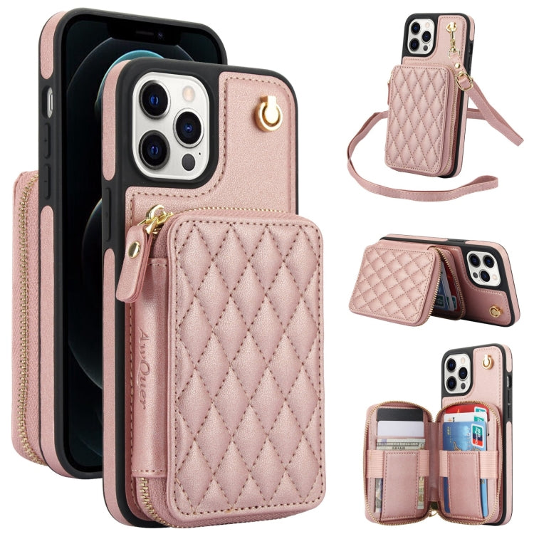 AwQuer Crossbody Zipper Wallet Rhombic Leather Back Phone Case, For iPhone 14 Plus...