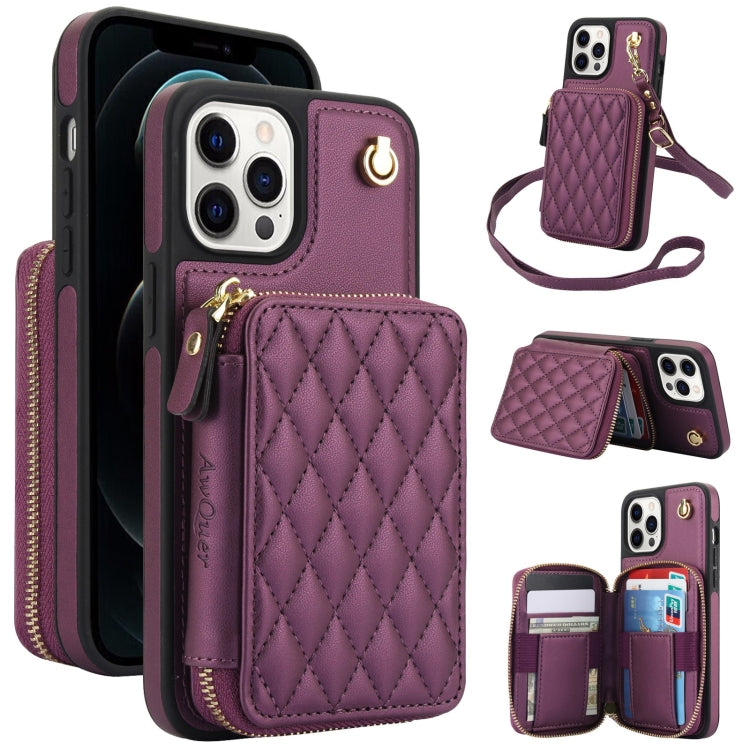 AwQuer Crossbody Zipper Wallet Rhombic Leather Back Phone Case, For iPhone 14 Plus...