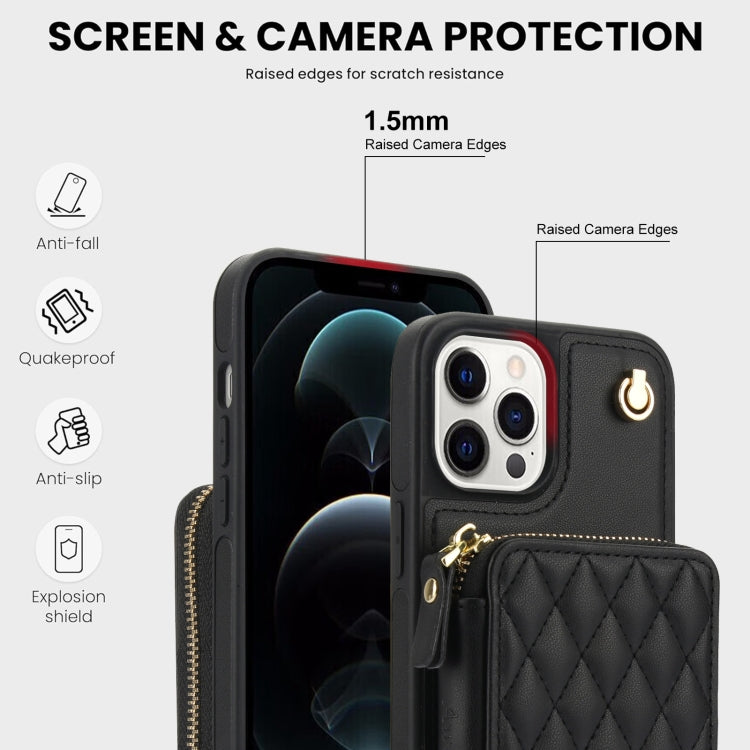 AwQuer Crossbody Zipper Wallet Rhombic Leather Back Phone Case, For iPhone 13 Pro�...