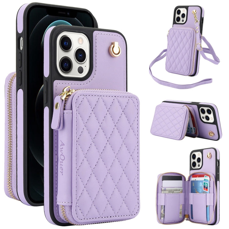 AwQuer Crossbody Zipper Wallet Rhombic Leather Back Phone Case, For iPhone 13 Pro�...