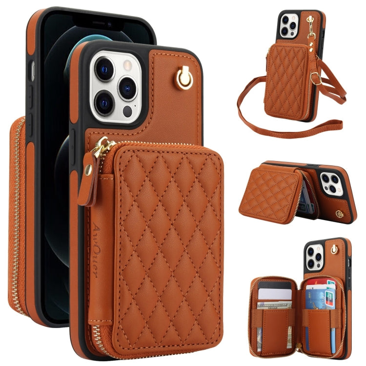 AwQuer Crossbody Zipper Wallet Rhombic Leather Back Phone Case, For iPhone 13 Pro�...