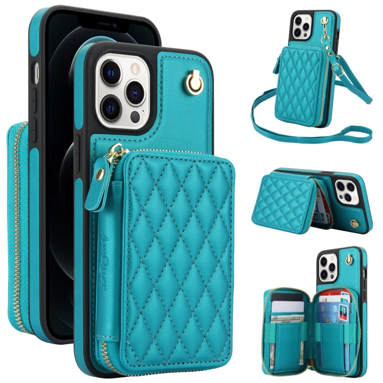 AwQuer Crossbody Zipper Wallet Rhombic Leather Back Phone Case, For iPhone 13 Pro�...