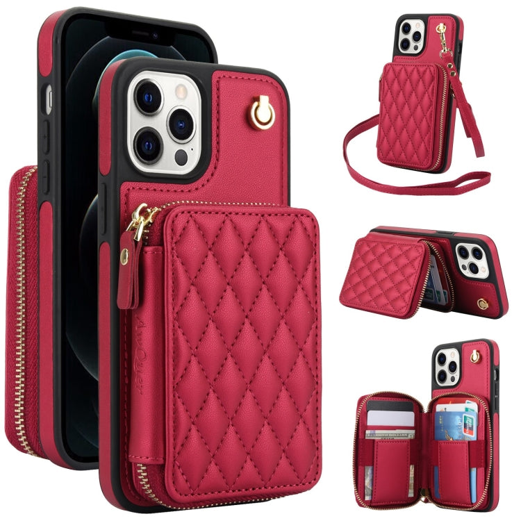 AwQuer Crossbody Zipper Wallet Rhombic Leather Back Phone Case, For iPhone 13 Pro�...