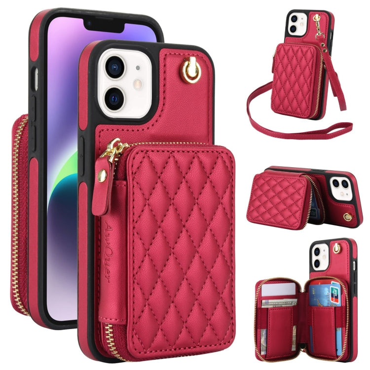 AwQuer Crossbody Zipper Wallet Rhombic Leather Back Phone Case, For iPhone 13 Pro�...