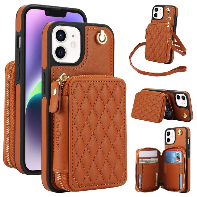 AwQuer Crossbody Zipper Wallet Rhombic Leather Back Phone Case, For iPhone 13 Pro�...