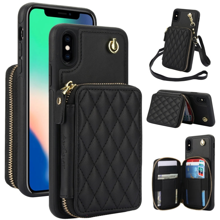 AwQuer Crossbody Zipper Wallet Rhombic Leather Back Phone Case, For iPhone X / XS�...