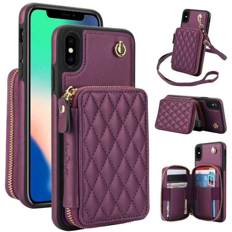 AwQuer Crossbody Zipper Wallet Rhombic Leather Back Phone Case, For iPhone X / XS�...