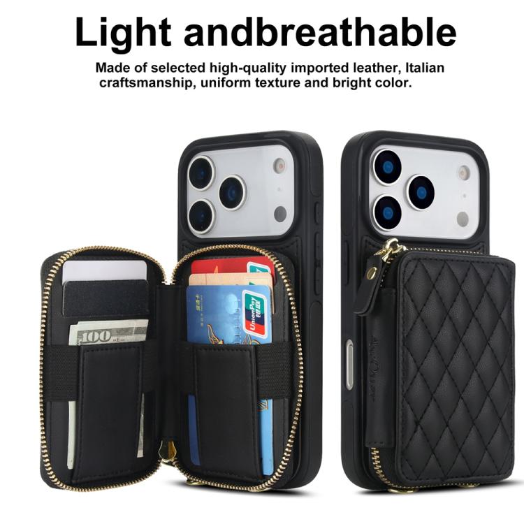 AwQuer Crossbody Zipper Wallet Rhombic Leather Back Phone Case, For iPhone 17 Pro ...