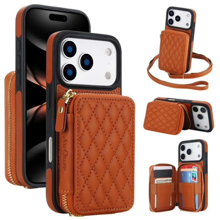 AwQuer Crossbody Zipper Wallet Rhombic Leather Back Phone Case, For iPhone 17 Pro ...