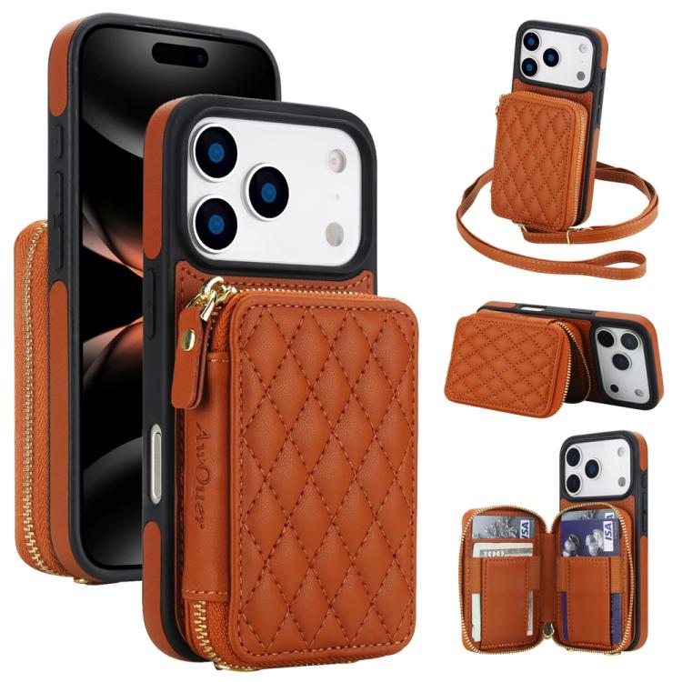 AwQuer Crossbody Zipper Wallet Rhombic Leather Back Phone Case, For iPhone 17 Pro ...