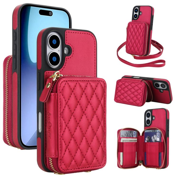AwQuer Crossbody Zipper Wallet Rhombic Leather Back Phone Case, For iPhone 17 Pro ...