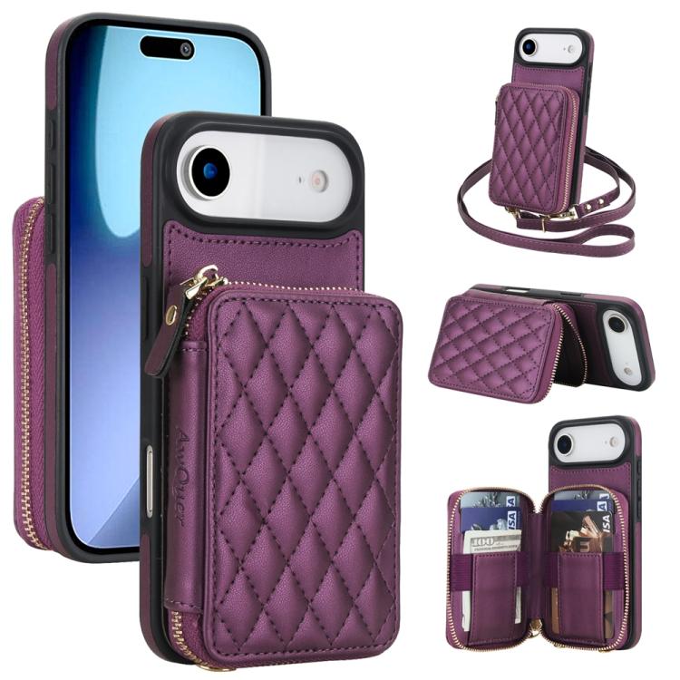 AwQuer Crossbody Zipper Wallet Rhombic Leather Back Phone Case, For iPhone 17 Pro ...