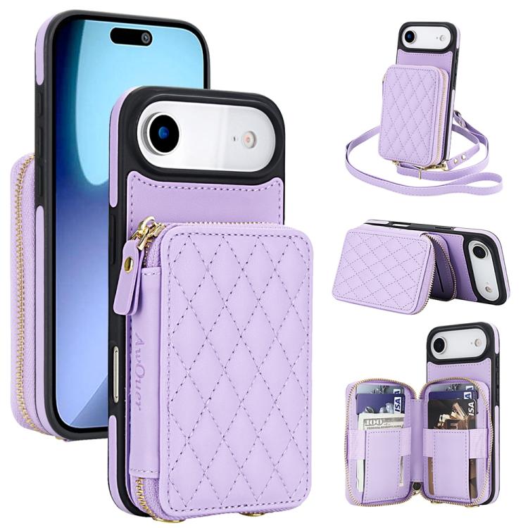 AwQuer Crossbody Zipper Wallet Rhombic Leather Back Phone Case, For iPhone 17 Pro ...