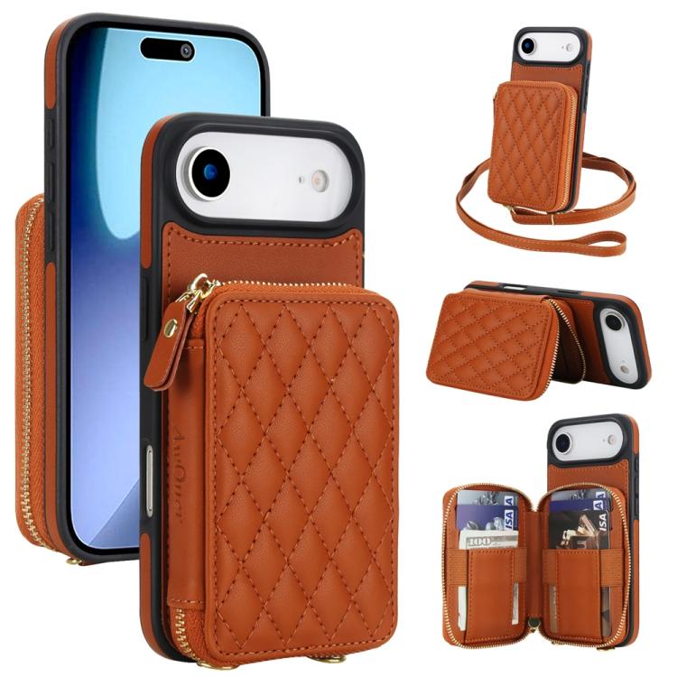 AwQuer Crossbody Zipper Wallet Rhombic Leather Back Phone Case, For iPhone 17 Pro ...